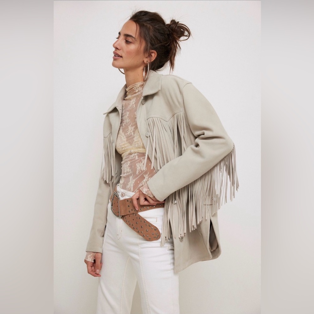 Free people we the free fringe out suede leather jacket